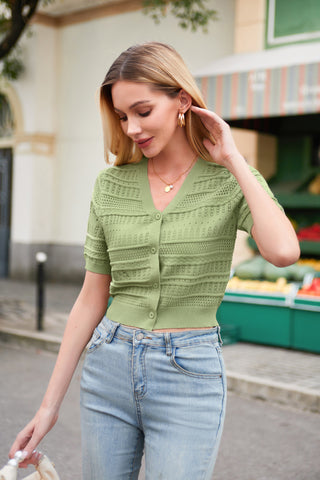 Women Cropped Cardigan Short Sleeve V-Neck Hollowed-out Sweater Knitwear