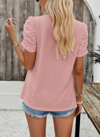 Women Hollowed-out Tops Casual Short Sleeve Square Neck Pullover Tops