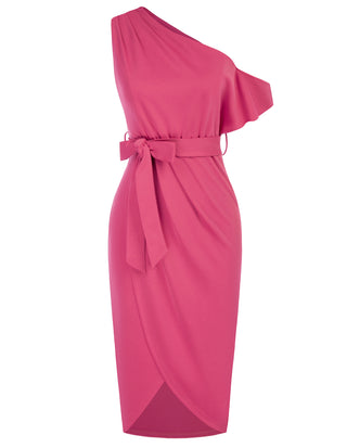 Wrap Hem OL Asymmetric Shoulder Below Knee Bodycon Dress