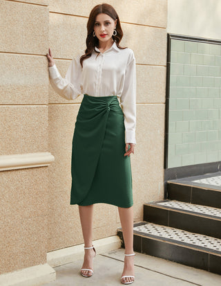 Ruched Front Skirt High Waist Back Slit Mid-Calf A-Line Skirt