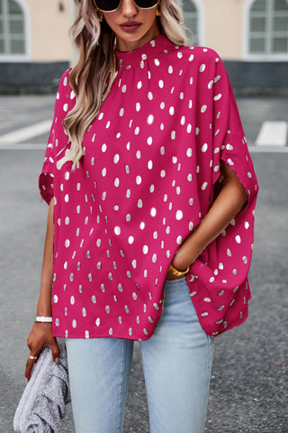 Women’s Batwing Sleeve Blouse Tops Mock Neck Polka Dot Blouses Casual Tie Back Drape Shirts