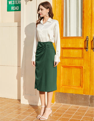 Ruched Front Skirt High Waist Back Slit Mid-Calf A-Line Skirt