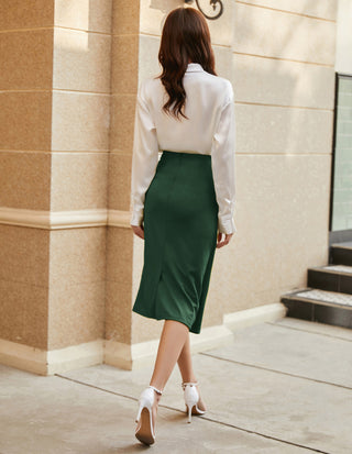 Ruched Front Skirt High Waist Back Slit Mid-Calf A-Line Skirt