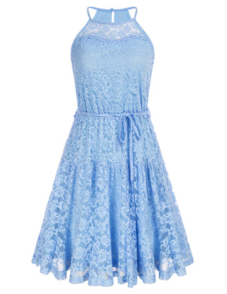 Lace Mini Halterneck Keyhole Back Elastic Waist A-Line Dress