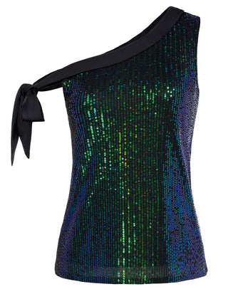 Glitter One Shoulder Sleeveless Tie Bow Knot Sexy Party Shirt Tops