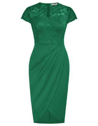 Womens Short Sleeve Floral Elegant Lace Cocktail Dress V Neck Knee Length Wrap Bodycon Dress