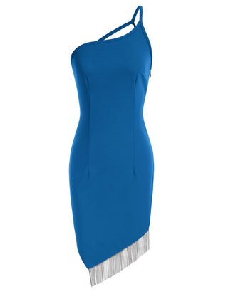 Women Irregular Tassel Hem Party Dress One-Shoulder Knee Length Bodycon Dress