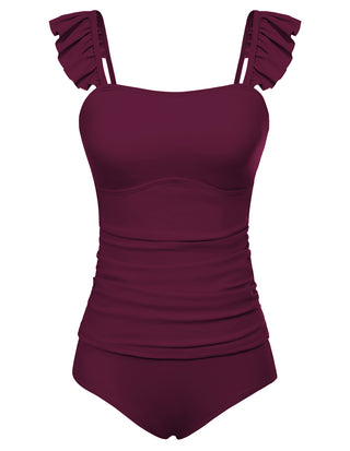 Women 2pcs Set Swimsuit Ruched Padded Swim Tops+Briefs Swimwear