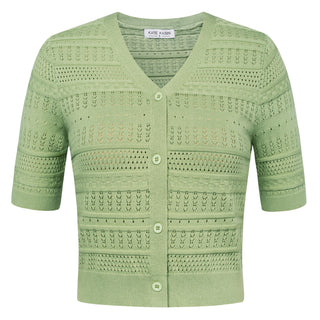 Women Cropped Cardigan Short Sleeve V-Neck Hollowed-out Sweater Knitwear