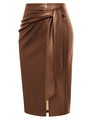 Women Polyurethane Leather Skirt OL High Waist Front Slit Bodycon Skirt