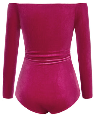 Women Cut-out Front Velvet Bodysuit Long Sleeve Off Shoulder Party Costume
