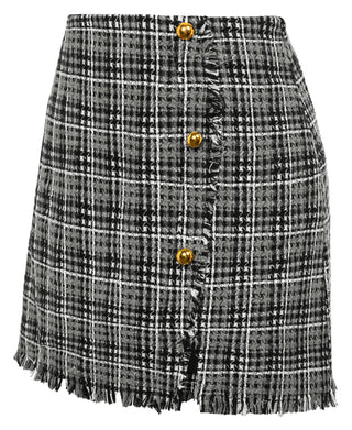 Women's Plaid Tweed Skirt High Waist Button Front Split Bodycon Pencil Mini Skirts