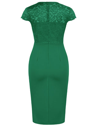 Womens Short Sleeve Floral Elegant Lace Cocktail Dress V Neck Knee Length Wrap Bodycon Dress