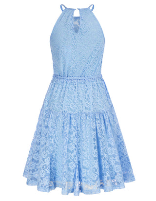 Lace Mini Halterneck Keyhole Back Elastic Waist A-Line Dress