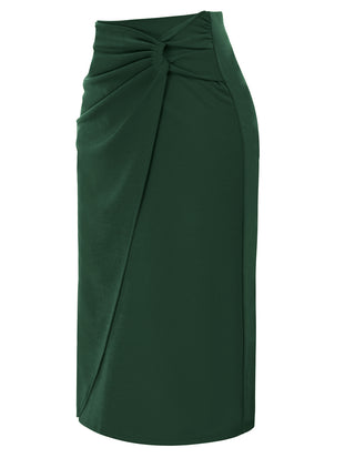 Ruched Front Skirt High Waist Back Slit Mid-Calf A-Line Skirt