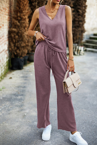 Women Comfy Outfits Sleeveless V-Neck Tank Top+Elastic Drawstring Waist Pants