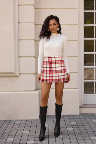 Women's Plaid Tweed Skirt High Waist Button Front Split Bodycon Pencil Mini Skirts