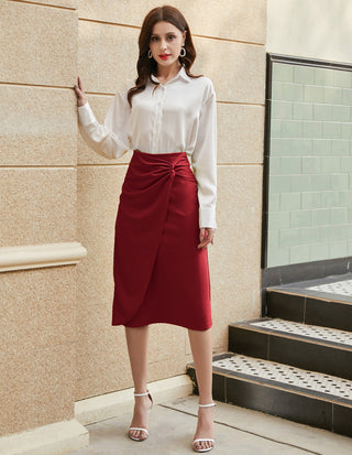 Ruched Front Skirt High Waist Back Slit Mid-Calf A-Line Skirt