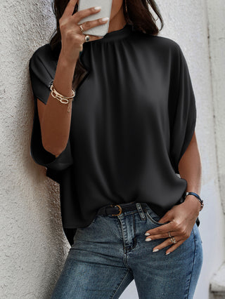 Women’s Batwing Sleeve Blouse Tops Mock Neck Polka Dot Blouses Casual Tie Back Drape Shirts