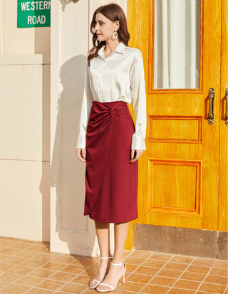 Ruched Front Skirt High Waist Back Slit Mid-Calf A-Line Skirt