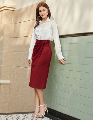 Ruched Front Skirt High Waist Back Slit Mid-Calf A-Line Skirt