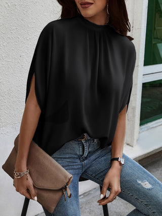 Women’s Batwing Sleeve Blouse Tops Mock Neck Polka Dot Blouses Casual Tie Back Drape Shirts