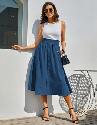 Front Slit Skirt Elastic High Waist Buttons Decorated A-Line Skirt