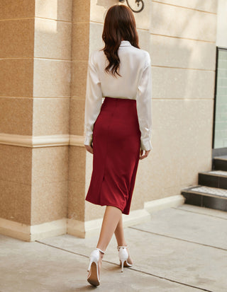 Ruched Front Skirt High Waist Back Slit Mid-Calf A-Line Skirt