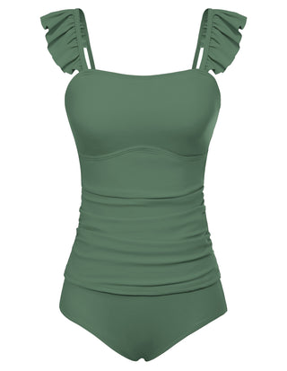 Women 2pcs Set Swimsuit Ruched Padded Swim Tops+Briefs Swimwear