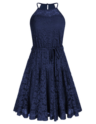 Lace Mini Halterneck Keyhole Back Elastic Waist A-Line Dress