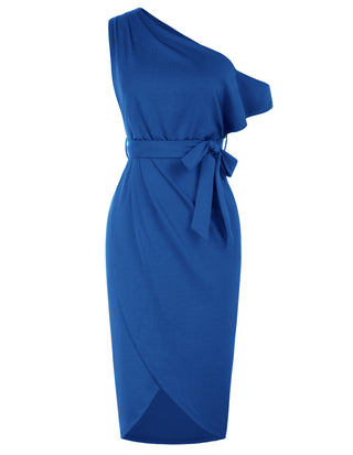 Wrap Hem OL Asymmetric Shoulder Below Knee Bodycon Dress