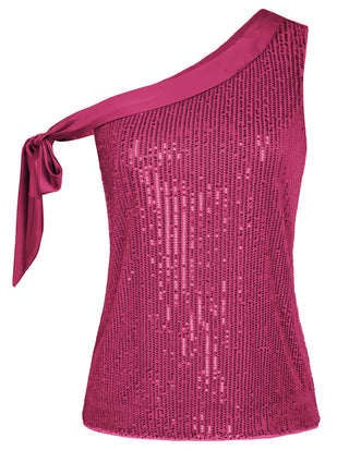 Glitter One Shoulder Sleeveless Tie Bow Knot Sexy Party Shirt Tops