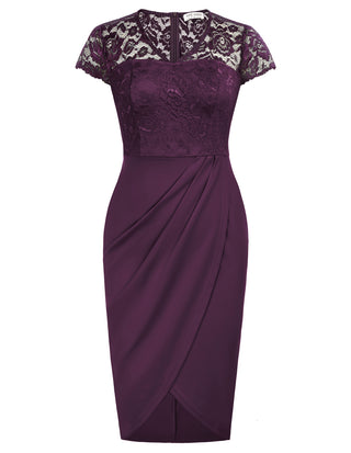 Womens Short Sleeve Floral Elegant Lace Cocktail Dress V Neck Knee Length Wrap Bodycon Dress