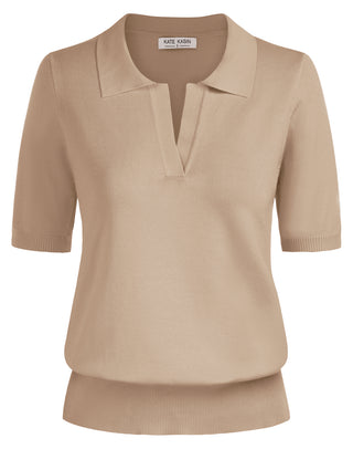 Lapel Collar Sweater Loose Fit Short Sleeve Ribbed Hem Knitted Tops