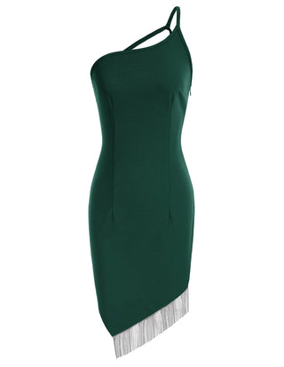 Women Irregular Tassel Hem Party Dress One-Shoulder Knee Length Bodycon Dress