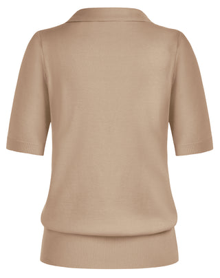 Lapel Collar Sweater Loose Fit Short Sleeve Ribbed Hem Knitted Tops