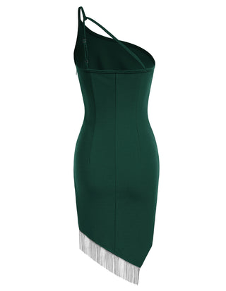 Women Irregular Tassel Hem Party Dress One-Shoulder Knee Length Bodycon Dress