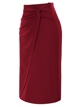 Ruched Front Skirt High Waist Back Slit Mid-Calf A-Line Skirt