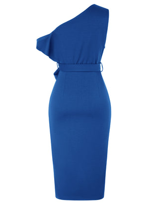 Wrap Hem OL Asymmetric Shoulder Below Knee Bodycon Dress