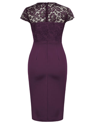 Womens Short Sleeve Floral Elegant Lace Cocktail Dress V Neck Knee Length Wrap Bodycon Dress