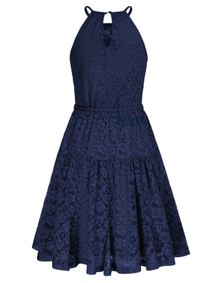 Lace Mini Halterneck Keyhole Back Elastic Waist A-Line Dress