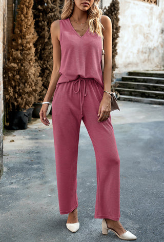 Women Comfy Outfits Sleeveless V-Neck Tank Top+Elastic Drawstring Waist Pants