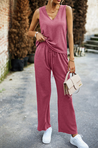 Women Comfy Outfits Sleeveless V-Neck Tank Top+Elastic Drawstring Waist Pants