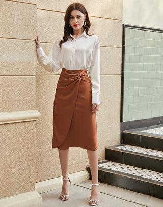 Ruched Front Skirt High Waist Back Slit Mid-Calf A-Line Skirt