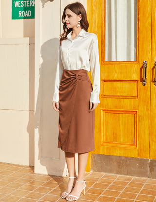 Ruched Front Skirt High Waist Back Slit Mid-Calf A-Line Skirt