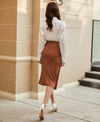 Ruched Front Skirt High Waist Back Slit Mid-Calf A-Line Skirt