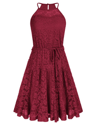 Lace Mini Halterneck Keyhole Back Elastic Waist A-Line Dress