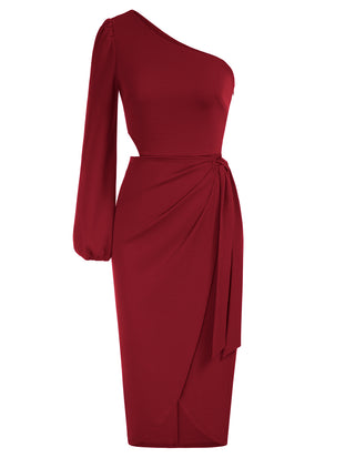 Women's 2023 One Shoulder Long Sleeve Cocktail Dress Split Ruched Bodycon Wedding Party Dresses