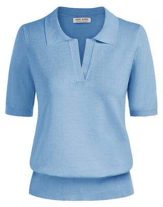 Lapel Collar Sweater Loose Fit Short Sleeve Ribbed Hem Knitted Tops