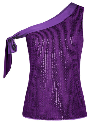 Glitter One Shoulder Sleeveless Tie Bow Knot Sexy Party Shirt Tops
